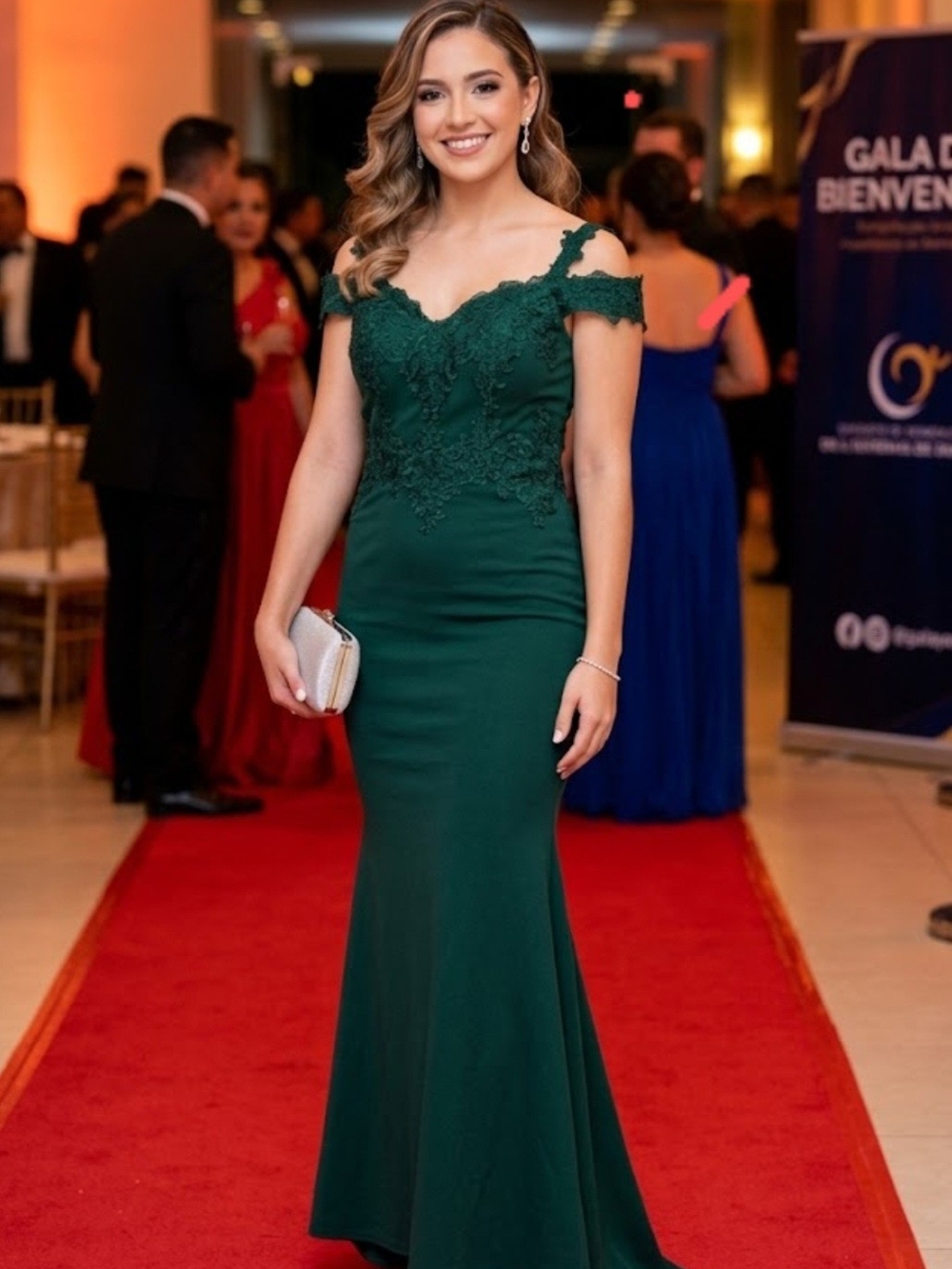 Anny Lee Deep Green One-Shoulder Lace Evening Gown